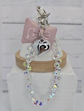 Iridescent Beaded Pink Bow & Silver Heart Phone/Key Lanyard CH4377